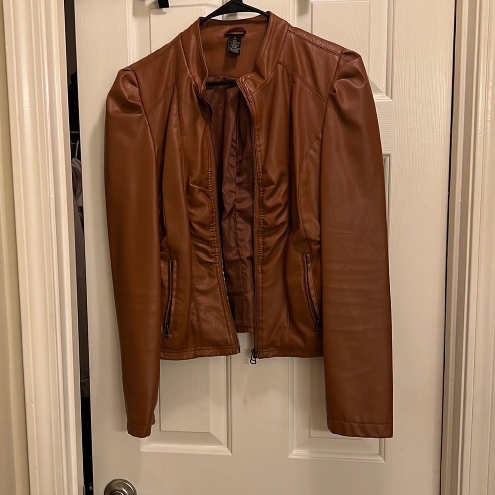 Cognac brown faux leather jacket